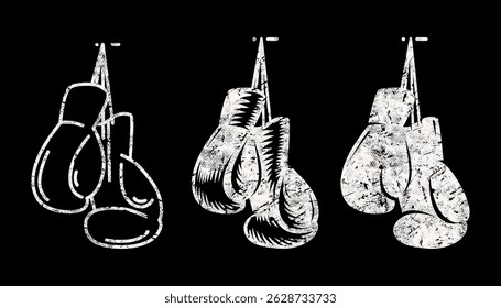 Stylized boxing gloves icon set. illustration in style engraving, thin line and silhouette. White print with rough texture on black background