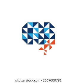 Un cerebro estilizado compuesto de Formas geométricas en tonos de azul, naranja y blanco.