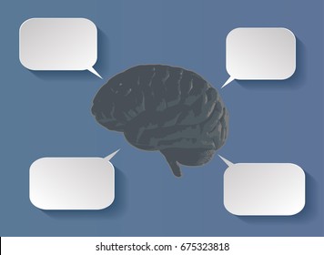 Stylized brain graphic illustration in side view with balloon bubble for information text