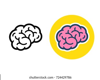Stylized brain icon or logo, black line and color. Simple flat cartoon style human brain vector illustration.