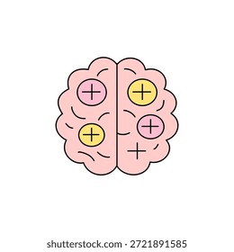 Ilustración de cerebro estilizado. Rosa claro, delineado en negro, con círculos rosas y amarillos que contienen signos de más. Diseño minimalista, limpio y moderno. 