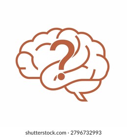 A stylized brain illustration with a question mark inside, representing inquiry and cognitive processes.