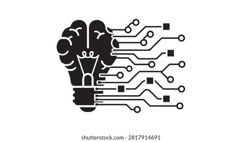 Stylized brain lightbulb symbol with electronic circuit connections representing artificial intelligence and innovation