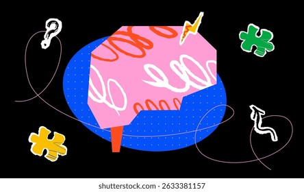 A stylized brain on a dark background surrounded by puzzle pieces, an arrow, a lightning bolt and a question mark. The concept of intelligence, creativity and brainstorm.
