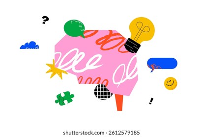 A stylized brain surrounded by various graphic elements, a light bulb, puzzle pieces, speech bubbles and abstract doodles. The concept of creativity, ideas and mind.