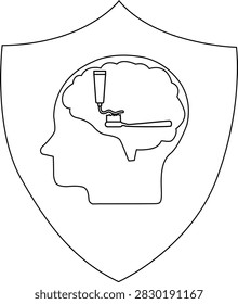 A stylized brain within a head outline on a shield, featuring a toothbrush and toothpaste, symbolizing the connection between mental health and dental care.