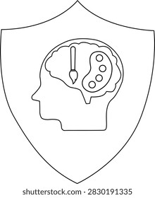 A stylized brain within a head silhouette, featuring a paintbrush and paint palette, all encased in a shield shape, symbolizing creative thought and artistic expression.