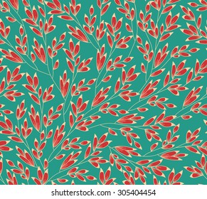 Stylized branch with barberry. Seamless vector turquoise background with twigs.