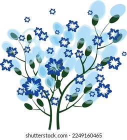 Stylized branch with blue flowers. Vector file for designs.