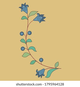 Stylized branch of bluebell flower. Folk style. Wildflower floral motif.