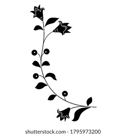 
Stylized branch of bluebell flower. Folk style. Wildflower floral motif. Black and white silhouette.