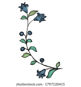 Stylized branch of bluebell flower. Folk style. Wildflower floral motif. Hand drawn sketch.