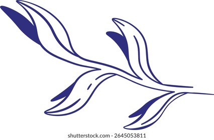 Um ramo estilizado com folhas alongadas em um estilo de arte de linha limpa. A ilustração retrata um galho com folhagem curva e contornos suaves. Ilustração de vetor de desenhos animados.
