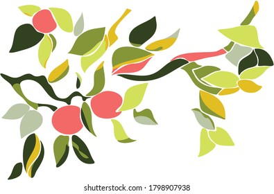Stylized branch with fruits, design element, graphic arts, isolated on white