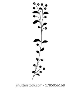 Stylized branch with leaves and berries. Black and white silhouette.