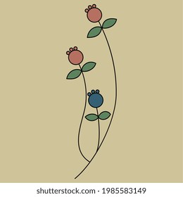 Stylized branch with leaves and berries. Folk style. Cute floral motif. On yellow background.