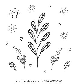 Stylized branch with leaves drawn by a black line. Image for your decor and design. Vector illustration decoration. Coloring.