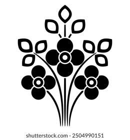 Stylized branch with leaves and flowers. Beautiful floral motif. Folk style. Black and white silhouette.