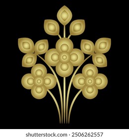 Stylized branch with leaves and flowers. Beautiful floral motif. Folk style. Golden glossy silhouette on black background.