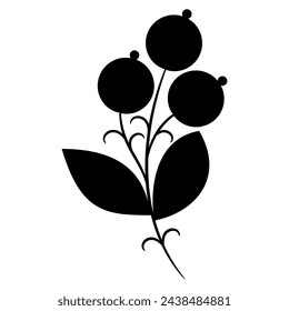 Stylized branch with leaves and flowers or ripe fruits or berries. Merry floral design. Folk style. Black silhouette on white background.