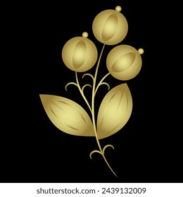 Stylized branch with leaves and flowers or ripe fruits or berries. Merry floral design. Folk style. Golden glossy silhouette on black background.