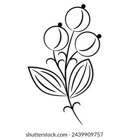 Stylized branch with leaves and flowers or ripe fruits or berries. Merry floral design. Folk style. Black and white linear silhouette.