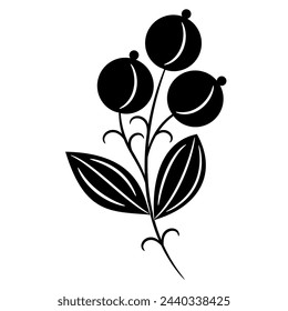 Stylized branch with leaves and flowers or ripe fruits or berries. Merry floral design. Folk style. Black and white silhouette.