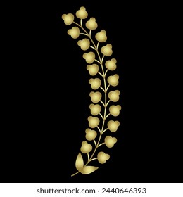 Stylized branch with leaves. Simple floral decorative element. Golden glossy silhouette on black background.