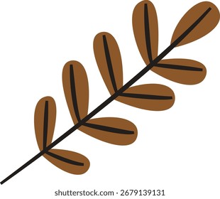 Ein stilisierter Zweig mit ovalen Blättern und gewagten Umrissen. Die Blätter sind symmetrisch entlang eines zentralen Schaftes angeordnet. Cartoon, Vektorgrafik.