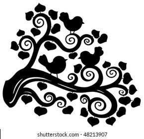Silhouette de rama estilizada con aves - ilustración vectorial.
