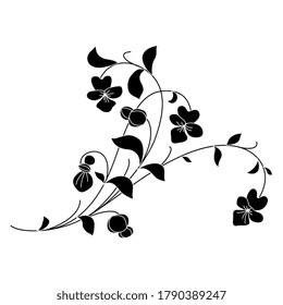 Stylized branch of viola tricolor plant. Pansy wildflower. Folk style. Cute floral motif. Black and white silhouette.