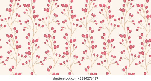 Stylized branches with abstract, creative berries seamless pattern. The trendy pastel simple light background. Vector drawn hand print. Template for design, textile, fashion, surface design, fabric