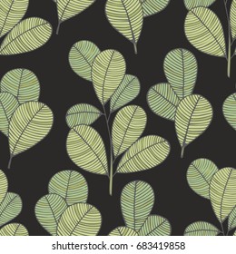 Stylized branches on a black background. Hand drawing. Seamless vector pattern for design of covers, clothes, wallpapers, textiles, accessories, curtains, packaging and wrapping paper