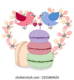 Stylized bright cartoon birds with hearts of decorative patterns in their beak, against the background of a heart made of cherry flowers, a symbol of spring holidays, love, marriage, Valentine's Day a