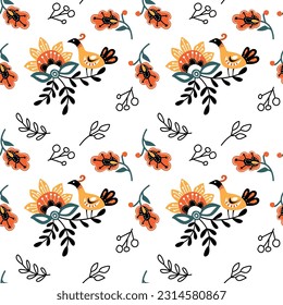 Stylized, bright, floral pattern in folk style bird