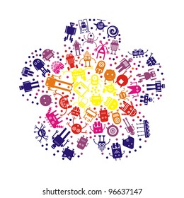 stylized bright flower with robots on white