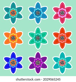 Stylized bright flowers with a white frame. Summer or spring background