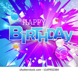 Stylized bright Happy birthday glowing text on colorful background with color explosion, beams and sphers.. Greeting card or banner. Used a clipping mask.