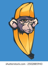 A stylized bright monkey in a banana costume, made with rich colors in a graffiti style. Ideal for use in graphic design, prints and illustrations.