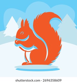 Una ardilla naranja brillante y estilizada se encuentra en un suelo nevado contra un telón de fondo de árboles de invierno y un cielo azul pálido.