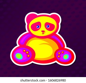 Stylized bright panda on a dark background, consisting of many hearts. Sticker design. Label design. Vector illustration.