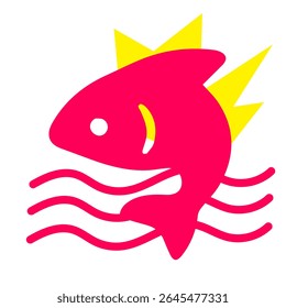 Peixe estilizado, rosa brilhante com barbatanas amarelas em forma de coroa, sobre fundo branco.  Formas e linhas simples em negrito