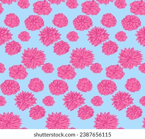 Stylized bright pink flowers peonies, dahlias seamless pattern. Vector hand drawn sketch. Ditsy floral on a blue background print. Template for design, textile, fashion, surface design, cover, fabric