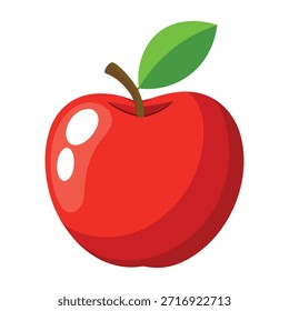 A stylized, bright red apple with a single green leaf attached to its brown stem stands out against a clean white background. The fruit has a smooth, glossy surface with subtle highlights.