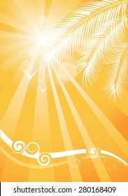 Stylized bright summer background with ocean waves, palm trees and seagulls