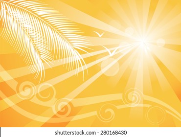 Stylized bright summer background with ocean waves, palm trees and seagulls