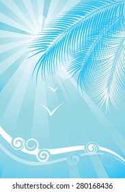 Stylized bright summer background with ocean waves, palm trees and seagulls