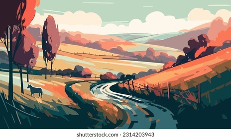 Stylized british countryside, grazing cows, flat design. 2d illustration.