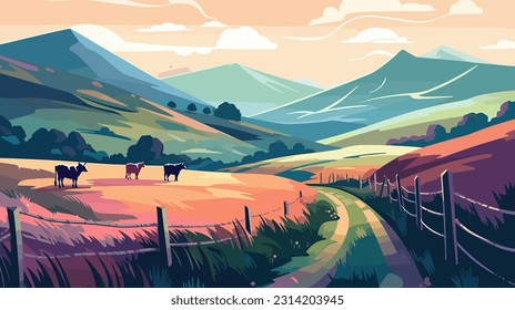 Stylized british countryside, grazing cows, flat design. 2d illustration.