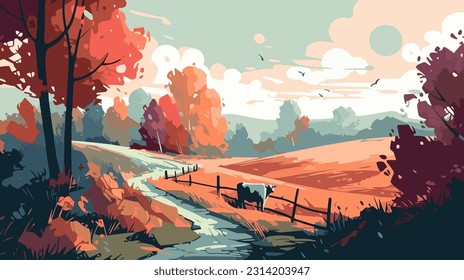 Stylized british countryside, grazing cows, flat design. 2d illustration.